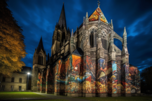 KI generiertes Bild des Regensburger Doms der mit Graffiti und Wandkunst bemalt wurde